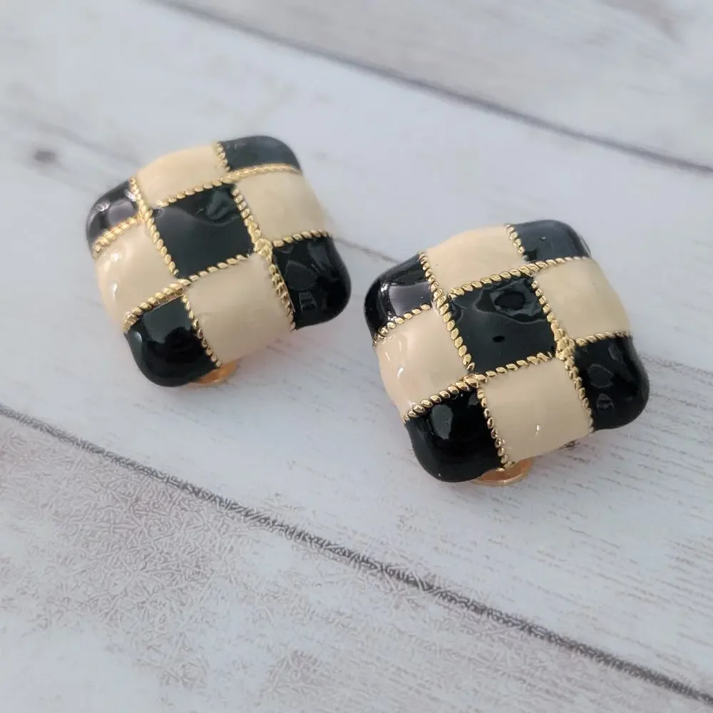 Vintage Clip On Earrings Black & Cream Checkerboard Enamel Statement